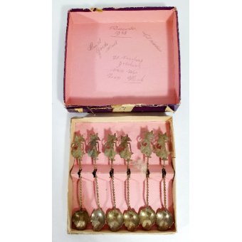 Doosje met 6 zilveren (800) Wajang theelepels